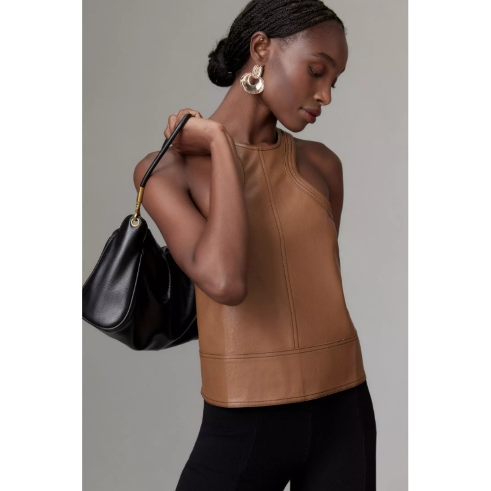Pilcro Anthropologie Faux Leather High Neck Cross-Back Halter Tank Tan Brown L